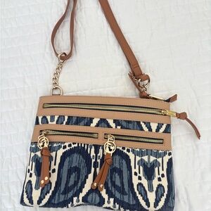 Spartina 449 Blue Patterned Crossbody with Tan Trim and Gold Hardware